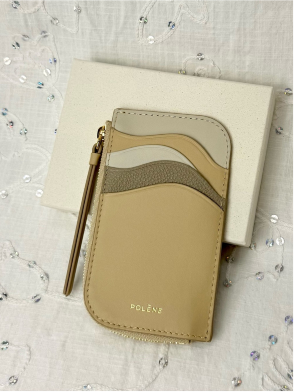 Polène Atla Trio Taupe Leather Zip Card Holder Wallet NIB Made in Spain - Picture 3 of 6